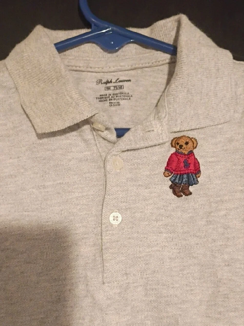 9 Month Ralph Lauren Light Heather Gray Kids Polo with Bear Patch